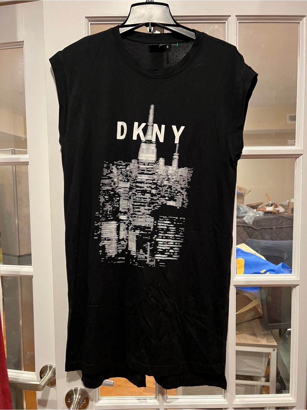 DKNY Black Tee Dress with White City Skyline Graphic